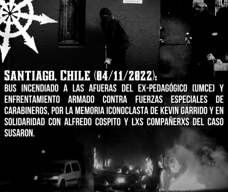 Chile: bus incendiado y enfrentamiento armado contra carabineros por la memoria de Kevin Garrido y en solidaridad con Alfredo Cospito y lxs compañerxs del Caso Susaron