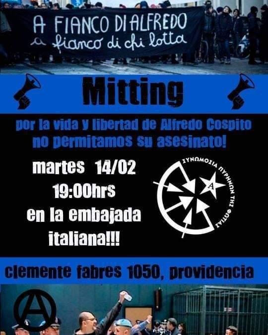 Chile: mitting en la embajada de Italia en solidaridad con Alfredo Cospito – 14 febrero