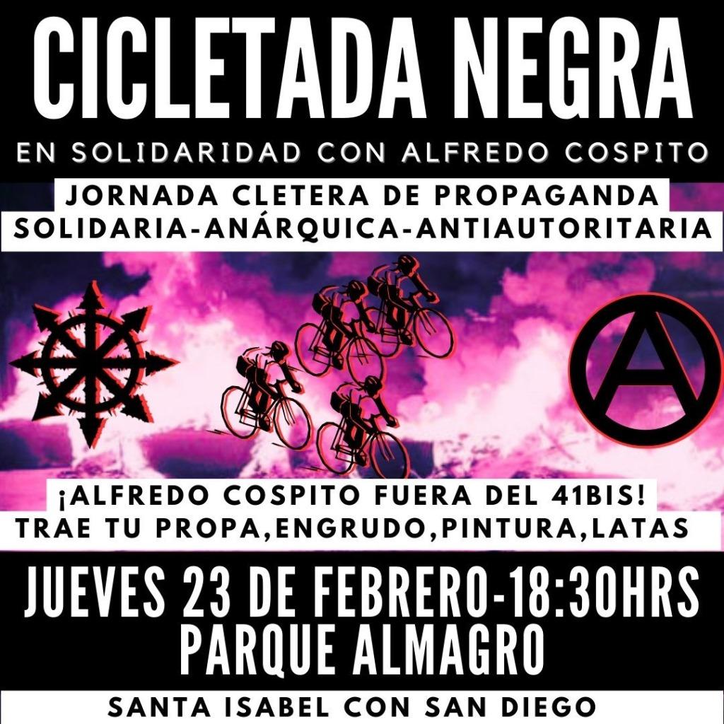 Chile: Cicletada negra por Alfredo Cospito en Santiago, día 23 de febrero