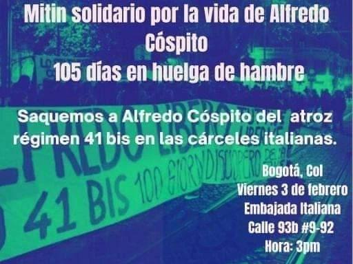 Colombia: mitin en la embajada italiana de Bogotá en solidaridad con Alfredo Cospito y la lucha contra el 41 bis, viernes 3 de febrero
