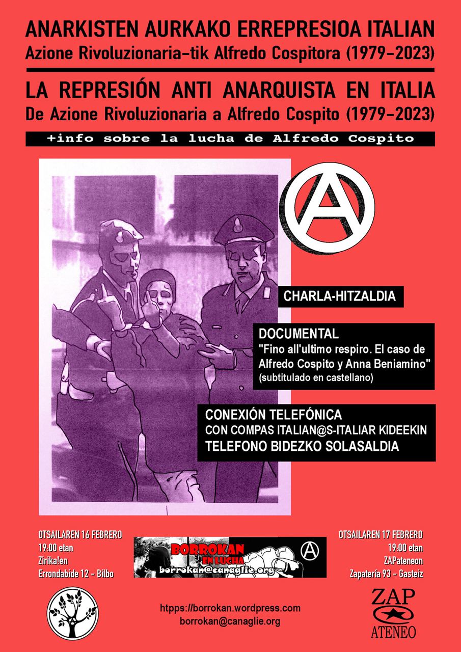Euskal Herria, 16-17 febrero: De Azione Rivoluzionaria a Alfredo Cospito. Un recorrido por la represión anti-anarquista en Italia (1979-2023)