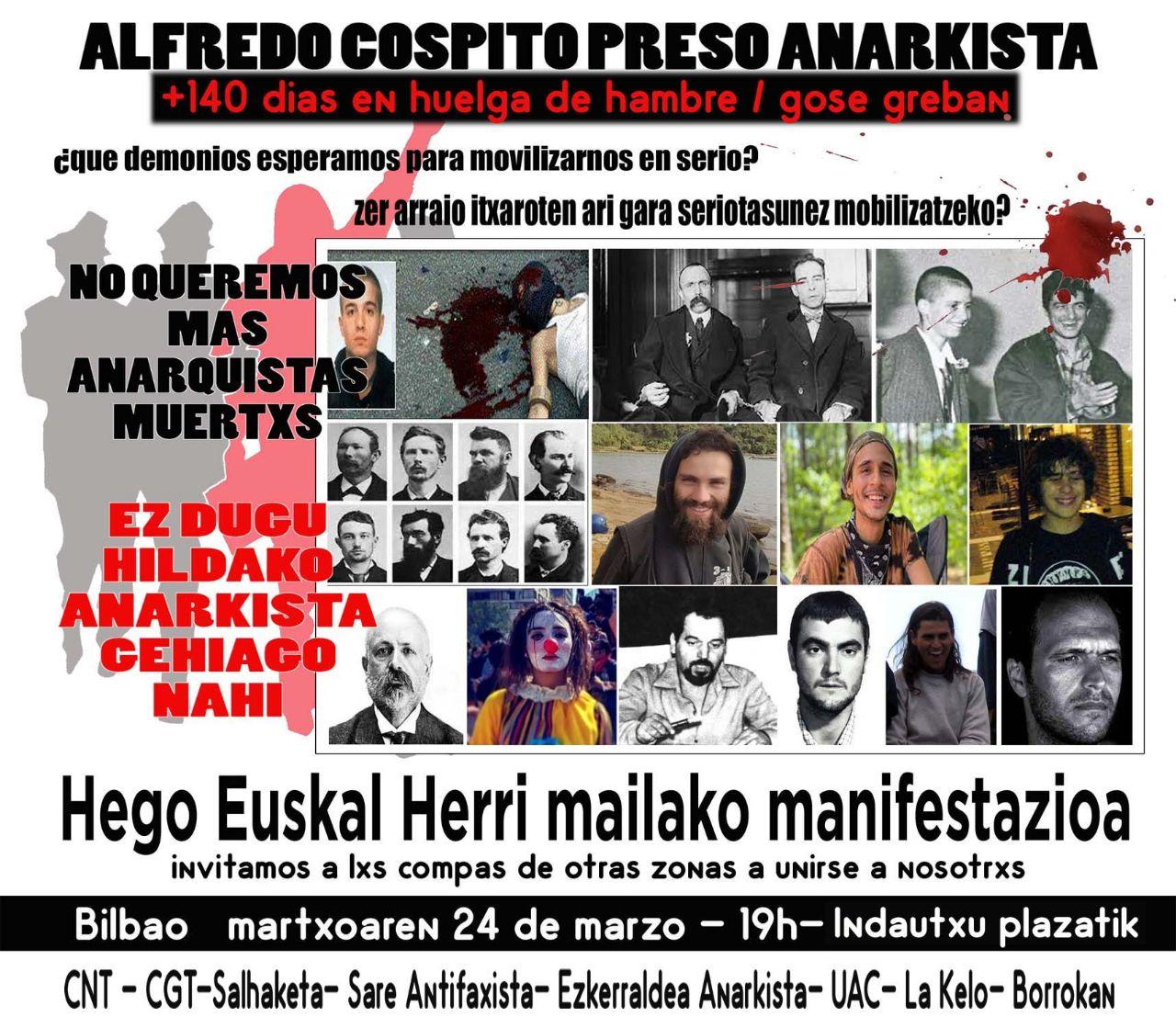 Bilbao: convocatoria a manifestación solidaria con Alfredo Cospito el 24 de marzo