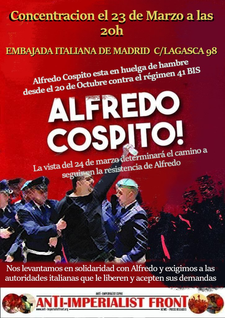 Madrid: concentración internacional por Alfredo Cospito en la embajada italiana (23 de marzo 2023)