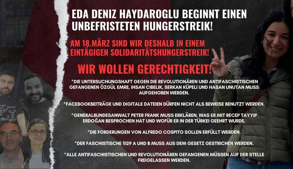 Alemania: comunista turca iniciará huelga de hambre indefinida el 18 de marzo, Alfredo entre sus reivindicaciones