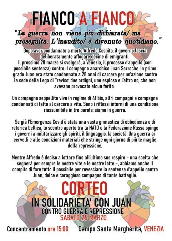 CODO CON CODO – Manifestación en solidaridad con Juan, contra la guerra y la represión. Venecia, 25 de marzo