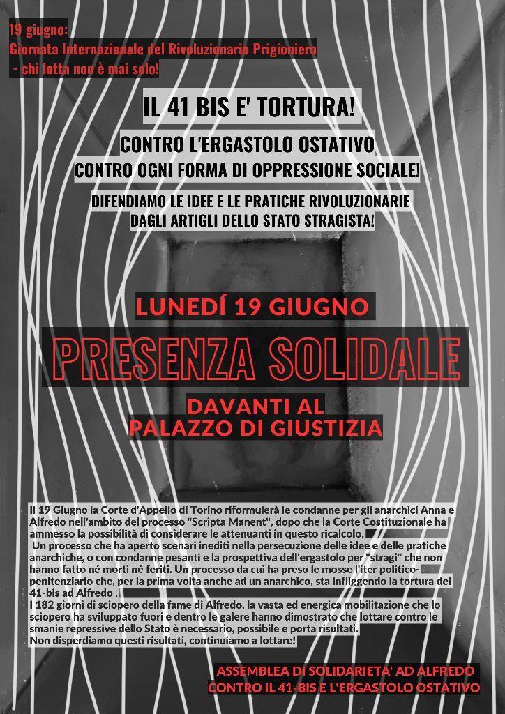 Presencia solidaria en ocasión de la nueva audiencia de apelación para el cáculo de condenas contra Alfredo Cospito y Anna Beniamino en el proceso Scripta Manent (Turín, 19 junio 2023)