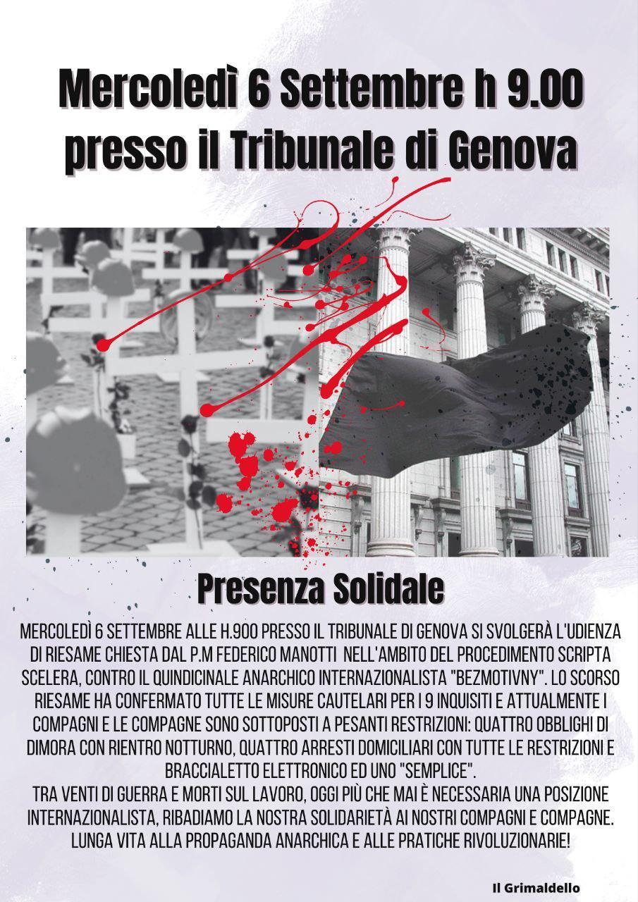 Presencia solidaria por motivo de la audiencia de apelación de las medidas cautelares de la operación Scripta Scelera (Génova, 6 de septiembre 2023)