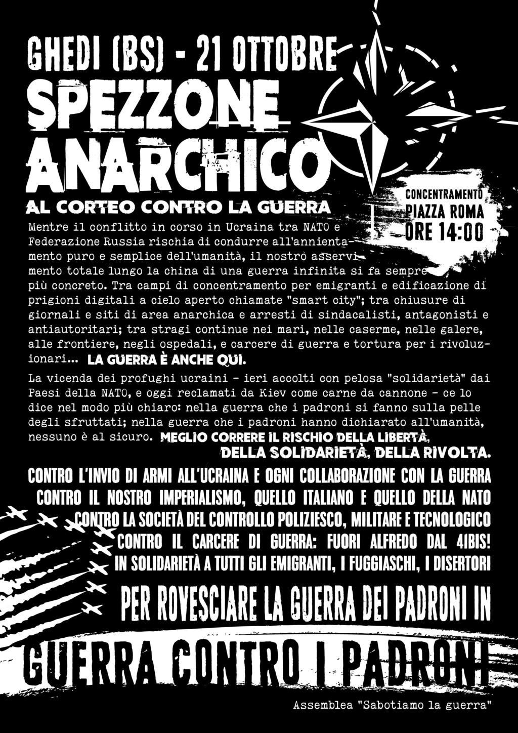 Salgamos a la calle contra la guerra, la sociedad del control, la represión. Bloque anarquista en la manifestación de Ghedi (Brescia) el 21 de octubre + iniciativas los días 19 y 20 del mismo mes