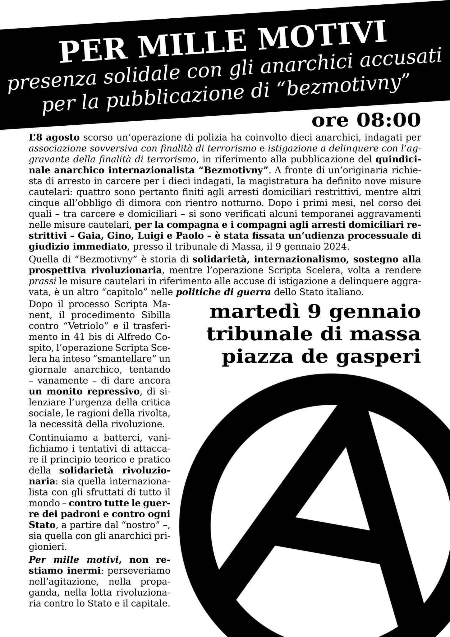 Declaración sobre el inicio del proceso con juicio inmediato contra cuatro anarquistas investigados en la op. Scripta Scelera